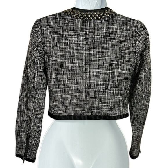 H&M Black Crop Jacket Sz 2 Beaded Collar Tweed Full Zip Long-Sleeve Layering Top - Picture 6 of 8